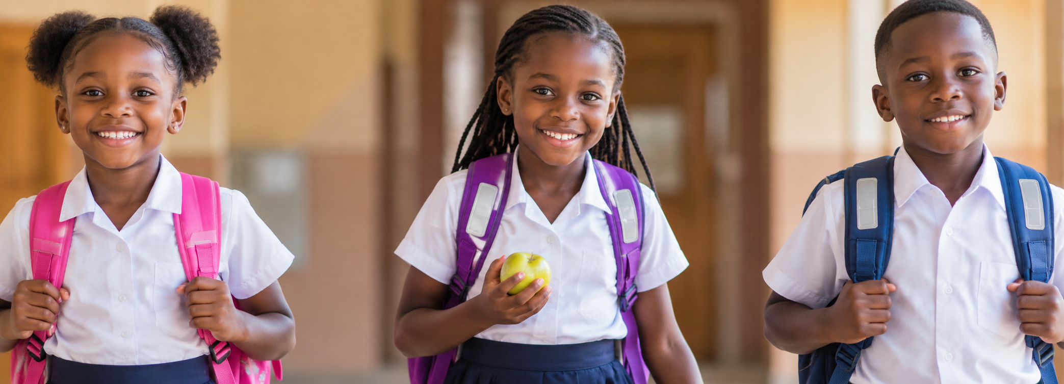 Yadah learners in uniform, smiling on their way to class